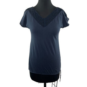 Hi-Line Madewell J Crew Navy Blue Short Sleeve Crochet Top Size XS Extra Small